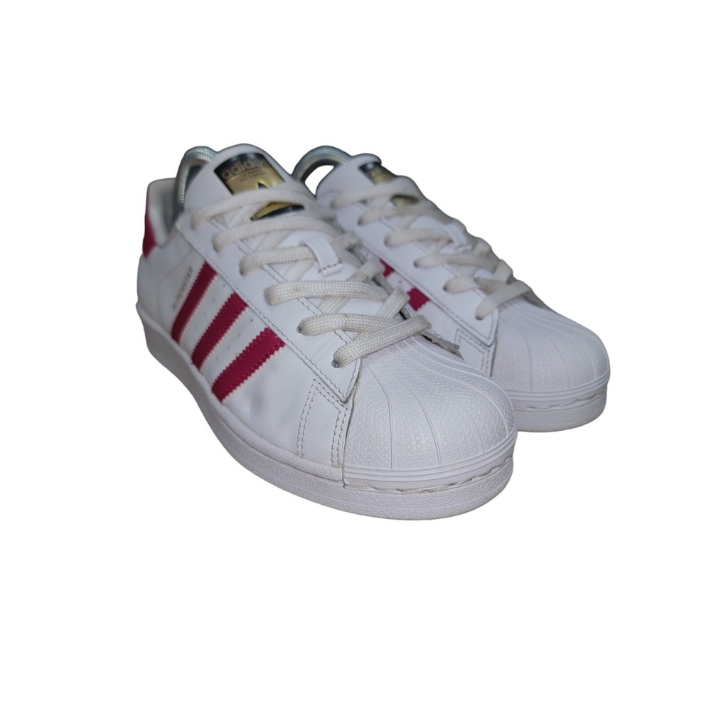 Adidas Superstar Women's White Pink 3 Stripes Lace Up Sneakers Shoes Size 6